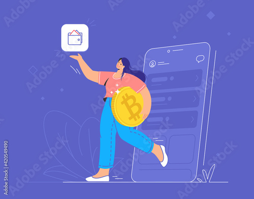Young woman holding a big golden bitcoin and pointing to mobile crypto wallet app. Flat modern concept vector illustration of people who buying and selling cryptocurrency and mining coins on markets