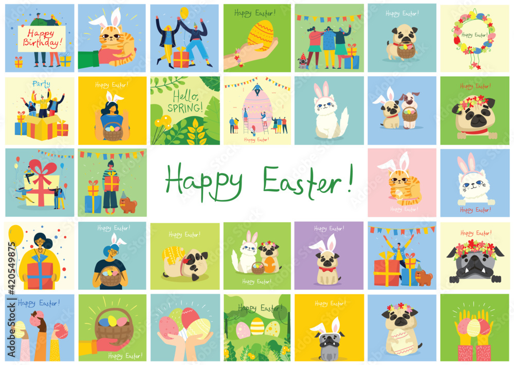 Vector Easter cards with cats and dogs and spring flowers. Happy Easter Vector Easter cards with cats and dogs and spring flowers. Happy Easter