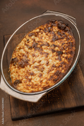 Freshly baked curd pudding in a baking dish
