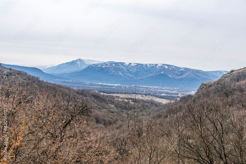 Crimea. Panorama of snow-capped mountain peaks.