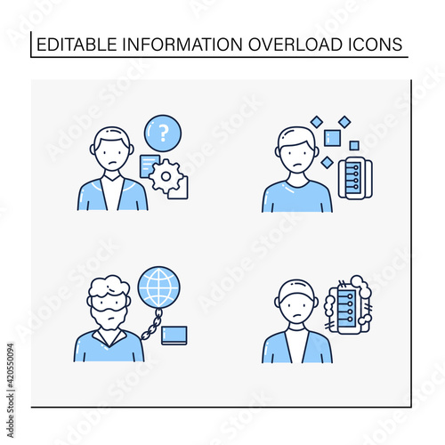 Information overload line icons set. Consists of Information pollution, internet addition, unprocessing information.Isolated vector illustrations. Editable stroke