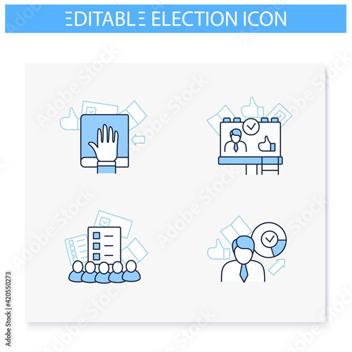 Election line icons set. Oath, winner, electoral college, candidate banner. Choice, vote concept. Democracy. Parliamentary or presidential elections. Isolated vector illustrations. Editable stroke
