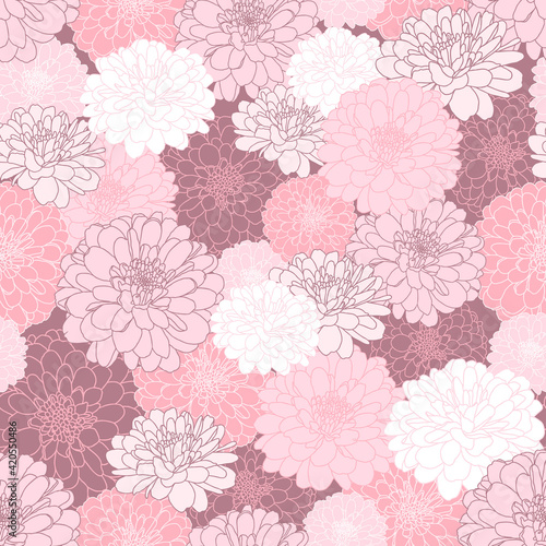 Seamless repeating pattern with hand drawn chrysanthemum flowers in pastel pink  plum  white colors. Decorative print for wallpaper  wrapping  textile  fabric  wedding invitations  greetings  banners.