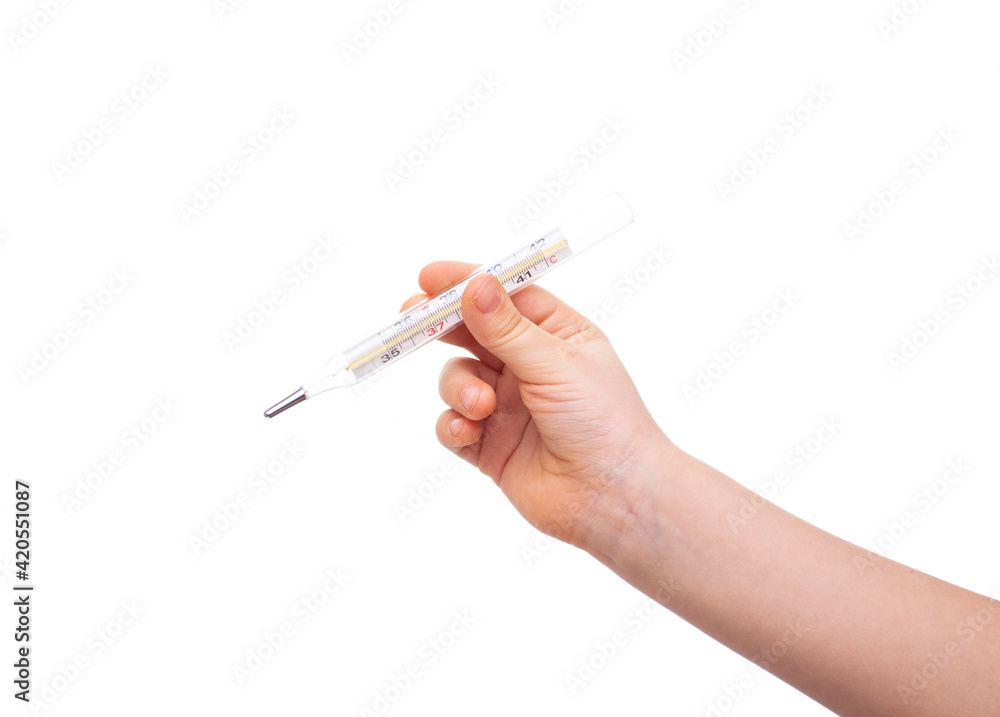 Hand holds a thermometer on a white background Hand holds a thermometer on a white background