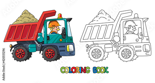 Construction worker in a dump truck. Coloring book
