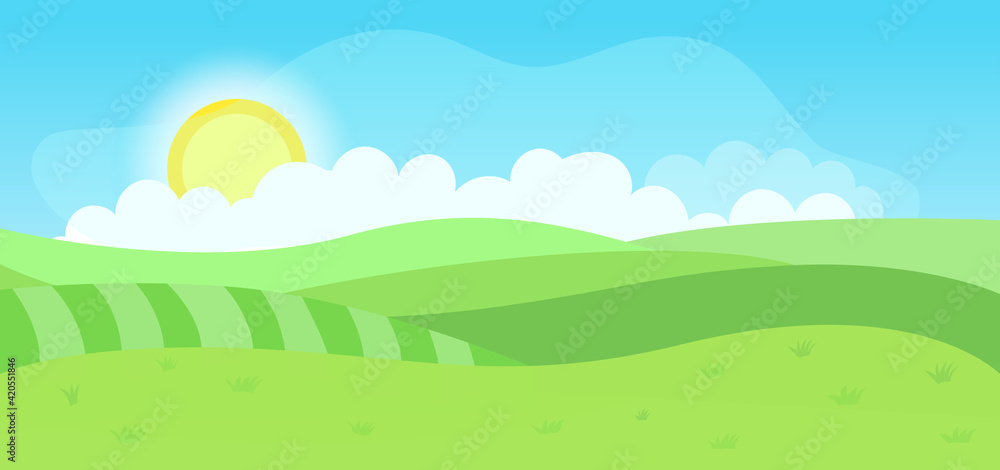 Bright cartoon summer fields landscape with beautiful sky. Vector illustration.
