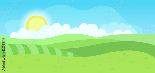 Bright cartoon summer fields landscape with beautiful sky. Vector illustration.
