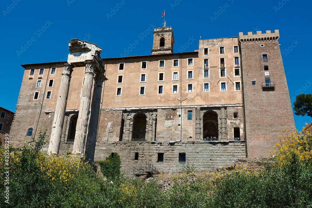 View of the facade of the Tabularium and the Temple of Vespasian and Titus at the Roman Forum in Rome, Italy.