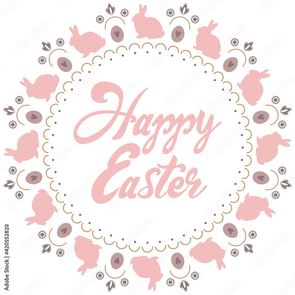 Greeting Card with Text Happy Easter. Mandala with rabbits eggs and flowers