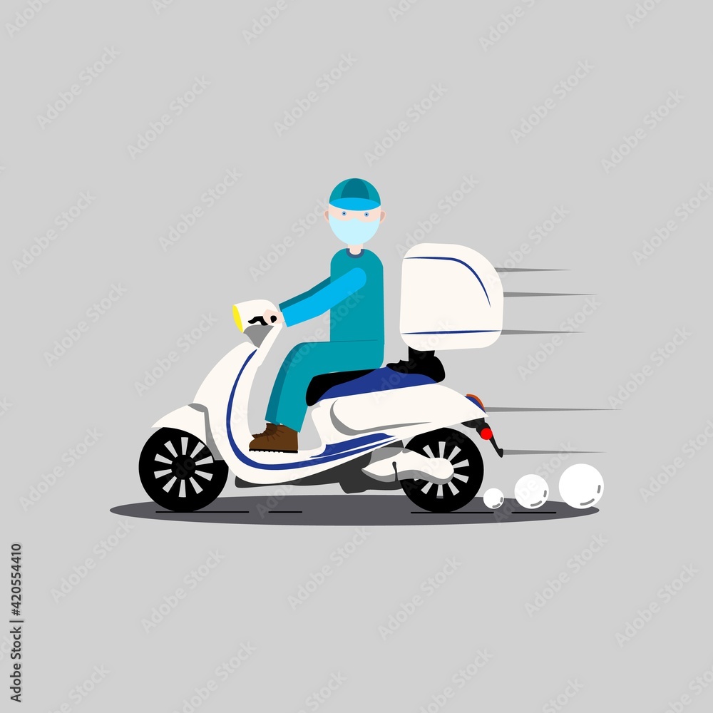 A delivery guy in a blue suit and a medical mask A delivery guy in a blue suit and a medical mask
