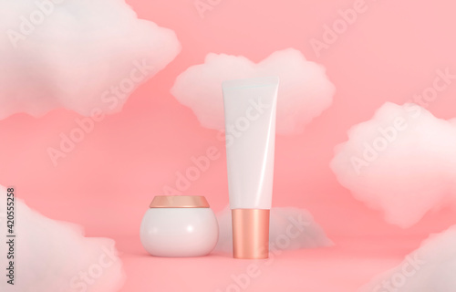 Moisturizing cream gel in jar, tube. Delicate fluffy clouds, white soapy foam. Cosmetic Gift, Anniversary Present. Pink delicate background for advertising branded products. 3d render illustration © amecold