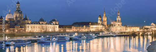 Night panorama of Dresden Old town with reflections