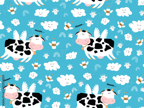 Adorable flying cow. Against the background of the blue sky. Cute clouds, milk, bottles, glasses. Seamless childish pattern. Drawing of a cow with wings. Illustration for children. I love milk.
