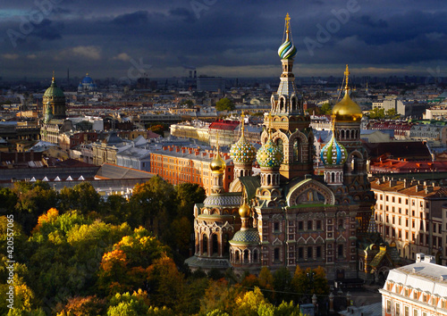 Iconic Russian Church during squally autumn day.