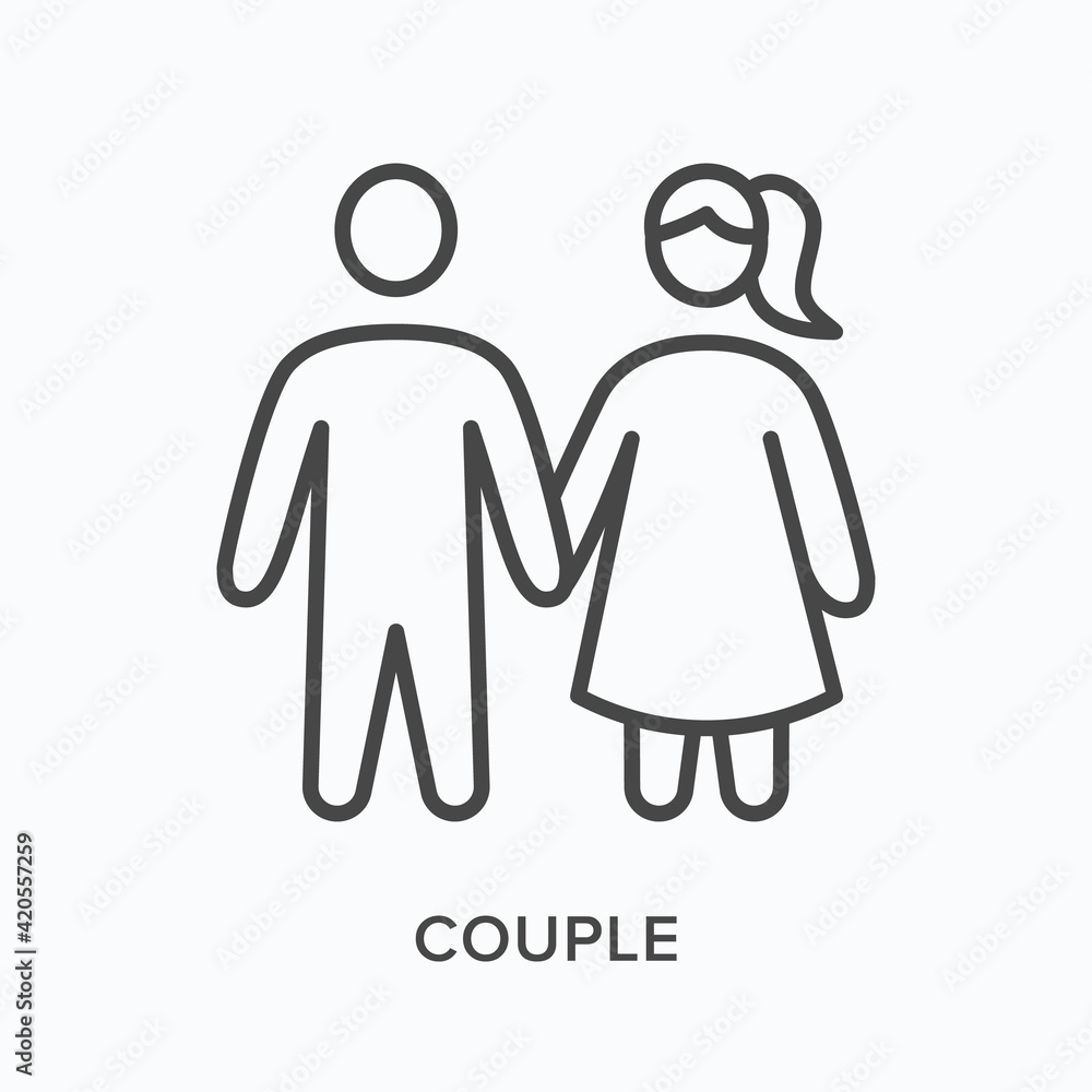 Couple flat line icon. Vector outline illustration of men and woman. Black thin linear pictogram for family Couple flat line icon. Vector outline illustration of men and woman. Black thin linear pictogram for family