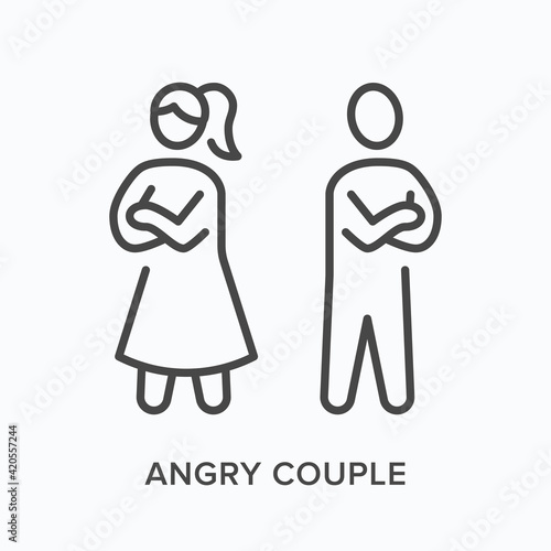 Angry couple flat line icon. Vector outline illustration of men and woman. Black thin linear pictogram for family problems