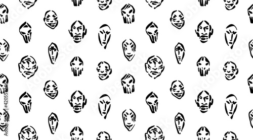 Engraved ancient stone masks seamless pattern. Endless hand drawn human face prints graphic vector illustration, black isolated artifact on white background painted by ink