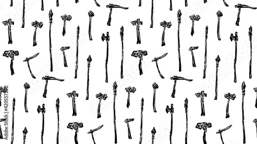 Seamless pattern of prehistoric tools and weapons vector illustration with hammers, axes, spears. Endless hand drawn grunge black isolated silhouettes on white background