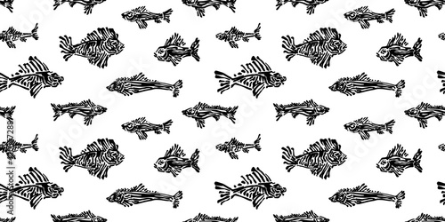 Engraved ancient fish seamless pattern. Endless hand drawn sea animal prints graphic vector illustration, black underwater creature isolated on white background painted by ink