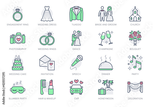 Wedding timeline line icons. Vector illustration include icon - bouquet, ring, bouquet, tuxedo, groom, bridal, invitation outline pictogram for marriage ceremony. Green and Red Color, Editable Stroke
