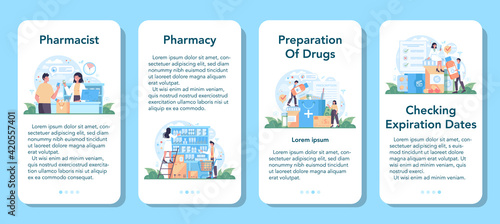 Pharmacy mobile application banner set. Pharmacist preparing