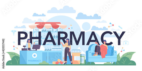 Pharmacy typographic header. Pharmacist preparing and selling drugs
