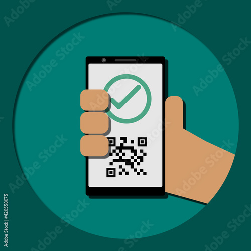 Teléfono inteligente con marca de verificación verde y código QR negro y fondo en tonos verdes, ilustración vectorial