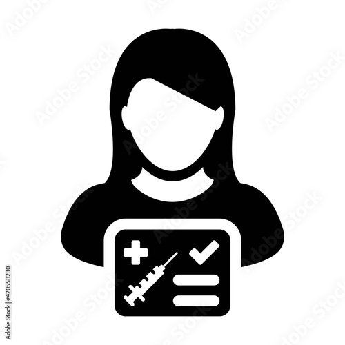 Vaccination card icon vector with female user person profile avatar symbol for medical and healthcare certificate in a glyph pictogram illustration