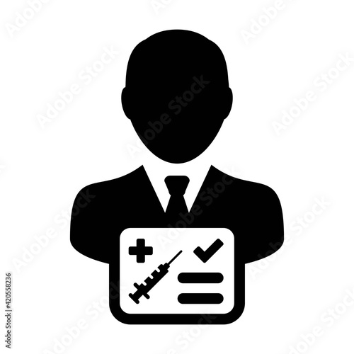 Vaccine card icon vector with male user person profile avatar symbol for medical and healthcare certificate in a glyph pictogram illustration