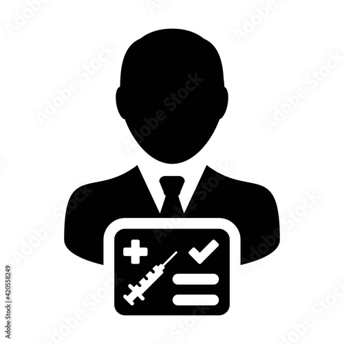 Vaccine card icon vector with male user person profile avatar symbol for medical and healthcare certificate in a glyph pictogram illustration