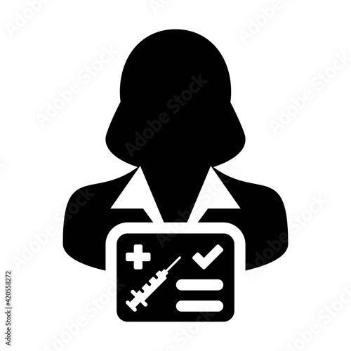 Vaccine passport icon vector with female user person profile avatar symbol for medical and healthcare certificate in a glyph pictogram illustration