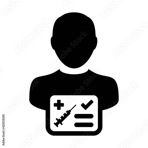 Vaccination card icon vector with male user person profile avatar symbol for medical and healthcare certificate in a glyph pictogram illustration