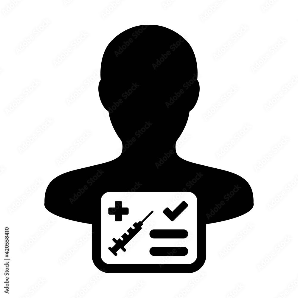 Vaccine card icon vector with male user person profile avatar symbol for medical and healthcare certificate in a glyph pictogram illustration