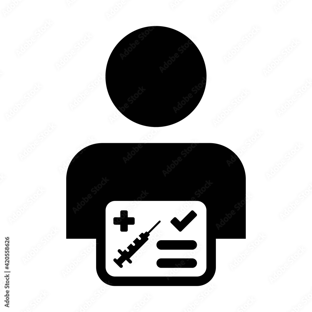 Vaccine card icon vector with male user person profile avatar symbol for medical and healthcare certificate in a glyph pictogram illustration Vaccine card icon vector with male user person profile avatar symbol for medical and healthcare certificate in a glyph pictogram illustration