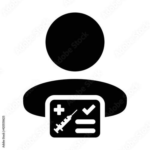 Vaccination report card icon vector with male user person profile avatar symbol for medical and healthcare certificate in a glyph pictogram illustration