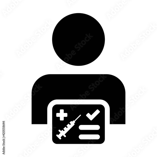 Vaccine card icon vector with male user person profile avatar symbol for medical and healthcare certificate in a glyph pictogram illustration
