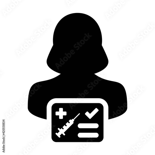 Vaccine passport icon vector with female user person profile avatar symbol for medical and healthcare certificate in a glyph pictogram illustration