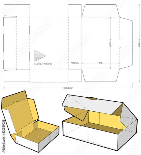 Self-assembling Folding Box. Ease of assembly, no need for glue (Internal measurement 40x30x10cm). The .eps file is full scale and fully functional. Prepared for real cardboard production.