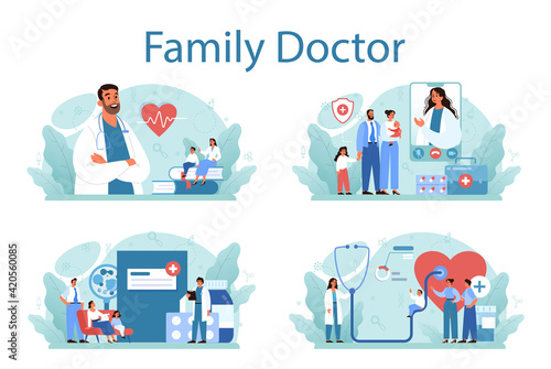 Family doctor concept set. Healthcare, modern medicine treatment