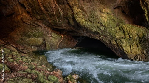 Wild river Rak flowing in Weaver Cave entrance, Rakov Skocjan. Karst spring with clean and fresh water in Slovenia. Beautiful nature deep in underground. Static shot, real time, wide angle
