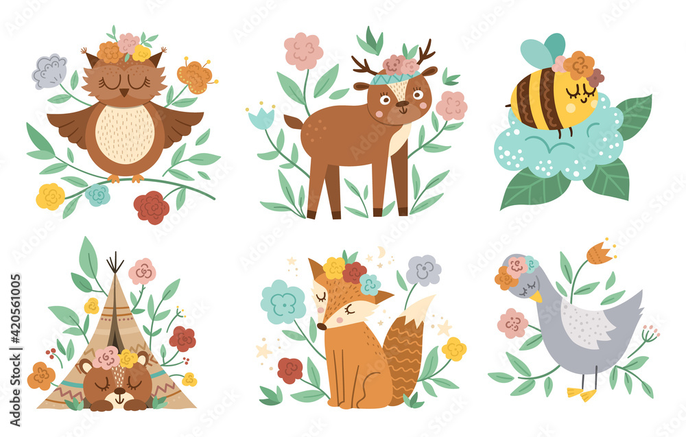 Fototapeta premium Vector woodland animals, insects and birds collection. Boho forest floral compositions. Bohemian fox, owl, bear, deer, goose with flowers on heads. Celestial clip art with cute characters for cards..