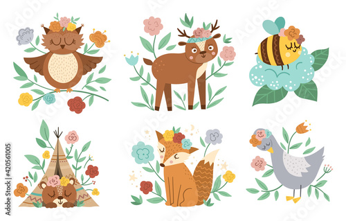 Vector woodland animals, insects and birds collection. Boho forest floral compositions. Bohemian fox, owl, bear, deer, goose with flowers on heads. Celestial clip art with cute characters for cards..