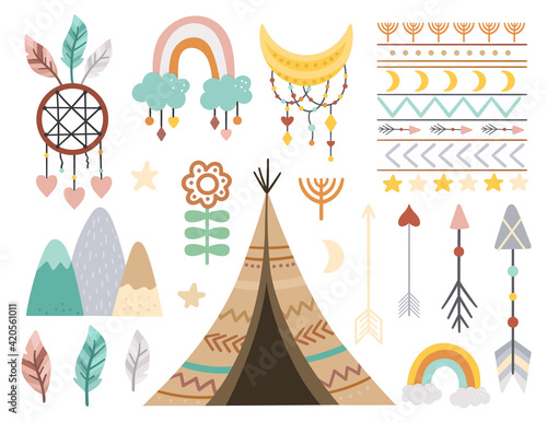 Vector boho elements collection. Bohemian half moon, wigwam, dream catcher, flowers, arrows, pattern, feathers isolated on white background. Celestial icons pack..