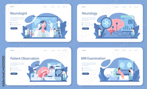 Neurologist web banner or landing page set. Doctor examine human
