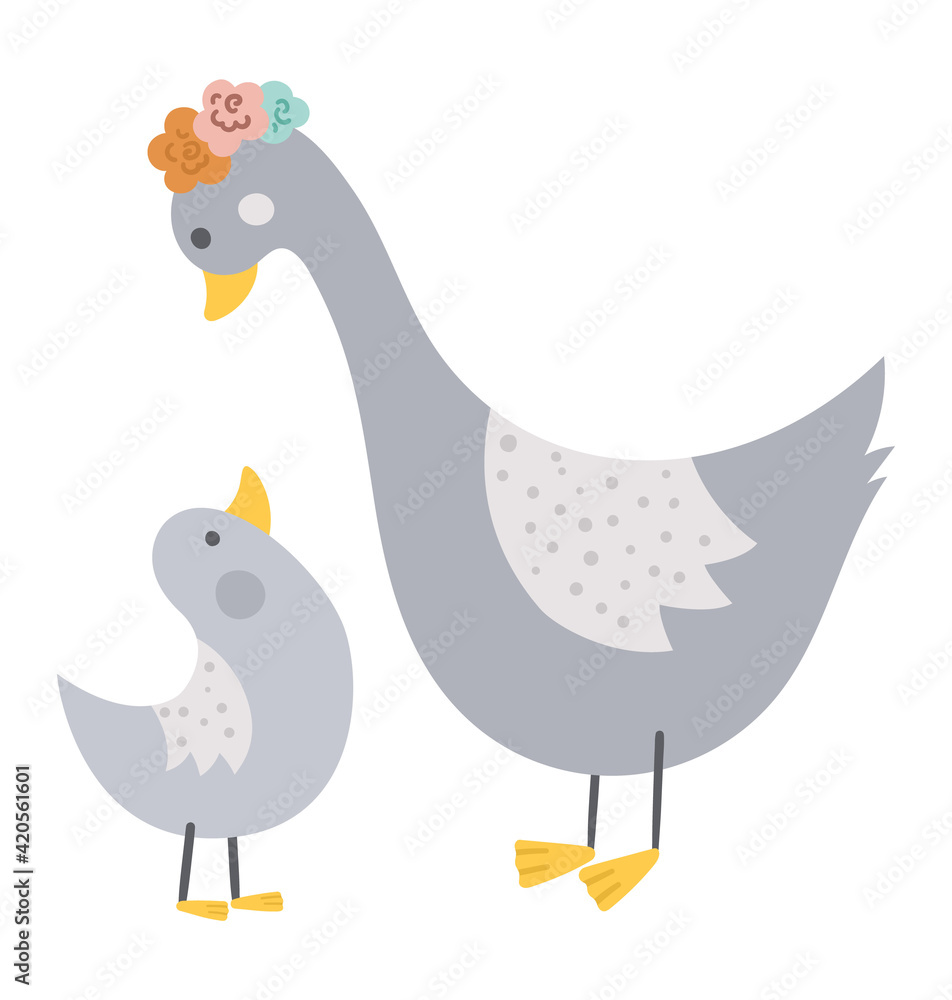 Vector hand drawn baby goose with parent isolated on white. Funny bohemian style woodland bird scene showing family love. Cute boho forest illustration for card, print, stationery design.. Vector hand drawn baby goose with parent isolated on white. Funny bohemian style woodland bird scene showing family love. Cute boho forest illustration for card, print, stationery design..