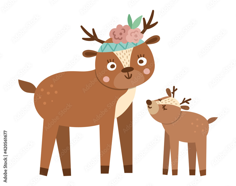 Vector hand drawn baby deer with parent isolated on white. Funny bohemian style woodland animal scene showing family love. Cute boho forest illustration for card, print, stationery design.. Vector hand drawn baby deer with parent isolated on white. Funny bohemian style woodland animal scene showing family love. Cute boho forest illustration for card, print, stationery design..
