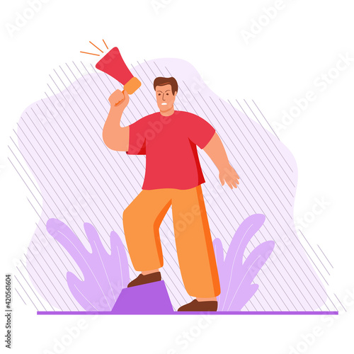 Man protesting for their rights.Guy holds loudspeaker.Vector flat cartoon style.Protesting people.
