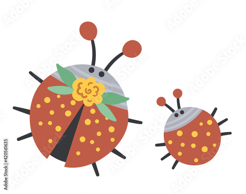 Vector hand drawn baby ladybug with parent isolated on white. Funny bohemian style woodland insect scene showing family love. Cute boho forest illustration for card, print, stationery design..