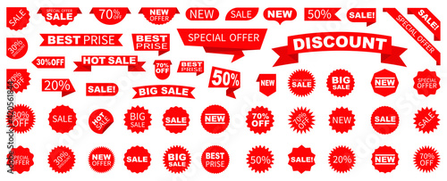 Sale Label collection set. Set ribbon banner and label sticker sale offer and badge tag sale advertising. Discount red ribbons, banners and icons. Cffer discount coupons. Vector illustration.