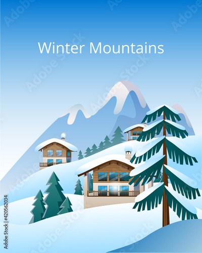 Beautiful mountain landscape in delicate shades. Image of an Alpine Chalet on the background of a mountain landscape. A template of cover. Vector illustration.